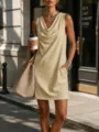 Women Sleeveless Cowl Neck Mini Dress Casual Summer Solid Color Pocket Street Fashion - Khaki