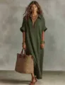Women's loose dark green short sleeve midi dress, comfortable fabric, casual daily vacation style. - Army Green