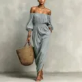 Vista detallada vestido largo mujer hombros descubiertos nido de abeja manga larga estilo - S / Gris