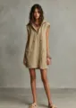 Sleeveless hooded mini dress detail view, raw edge finish, casual minimalist design. - Khaki