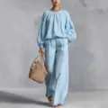 Conjunto de dos piezas de algodón y lino azul claro top manga farol pantalón ancho bolso paja - S / Azul