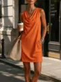 Sleeveless cowl neck orange dress detail view, featuring casual slim fit and convenient side pockets. - Orange Red