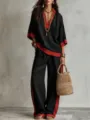 Ensemble deux pièces color block pour femme haut col V et pantalon large détail mode. - XS / Haut Et Bas / Noir