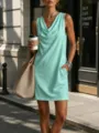 Women sleeveless cowl neck slim short dress mint green casual summer fashion streetwear. - Cyan