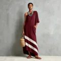 Robe longue pour femme asymétrique une épaule rayée en coton et lin décontractée été - S / Bordeaux