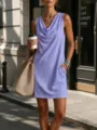 Cowl Neck Sleeveless Mini Dress Summer Casual Slim Fit Party Dress With Pockets Lavender - Purple