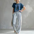 Ensemble décontracté d'été pour femmes haut bleu uni et pantalon large rayé - S / Ensemble / Bleu foncé