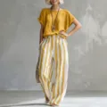 Women casual striped two piece set short sleeve top and wide leg long pants outfit - Yellow