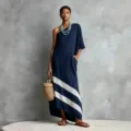 Women One-Shoulder Linen Maxi Dress Casual Diagonal Striped Elegant Summer Long Dress - Dark Blue