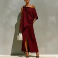 Ensemble deux pieces femme haut asymetrique epaule denudee et jupe longue bordeaux - S / Ensemble / Bordeaux