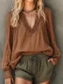 Women brown long sleeve lantern sleeve V-neck top detail shot showing elegant fashion style. - Coffee