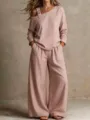 Ensemble deux pieces decontracte femme haut manches longues pantalon large taupe variante - XS / Haut Et Bas / Rose Lotus