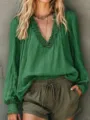 Women green V-neck long lantern sleeve blouse french style casual chic shirt top detail view. - Green