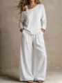 Ensemble decontracté femme haut manches longues epaule denudée pantalon large bleu - XS / Haut Et Bas / Blanc