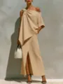 Ensemble beige chic top asymétrique une épaule et jupe longue fendue à l'avant. - S / Ensemble / Abricot