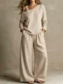 Ensemble décontracté deux pièces femme haut asymétrique manches longues pantalon beige - XS / Haut Et Bas / Kaki