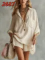Ensemble chemise et short amples et décontractés pour femmes, mode élégante pour l'été. - S / Haut Et Bas / Kaki
