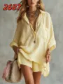 Ensemble chemise et short jaune clair décontracté pour femme été plage en coton chic. - S / Haut Et Bas / Jaune