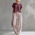 Women casual two piece set round neck short sleeve top and striped wide leg long pants - Burgundy