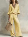 Women loose yellow two-piece set V-neck top wide-leg pants casual resort style outfit. - Yellow