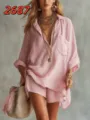 Women Summer Casual Pink Beach Shirt And Shorts Set Fashion Two Piece Outfit New - Pink