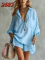 Light blue shirt and shorts set for women, casual summer beach two piece outfit with accessories. - Sky Blue