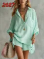 Mint green shirt and shorts set for women, casual summer beach two piece outfit with pockets. - Bean Green