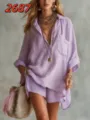 Summer casual beach shorts shirt set for women, stylish loose lavender two-piece outfit. - Purple
