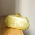Resin Abendtasche Detail mit unregelmäßigem ovalen Körper und goldenem Korallenverschluss. - Flüssiges Gelb