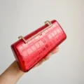 Red metallic evening clutch bag with rhinestone handle, elegant design for party and wedding events. - Red Style 2