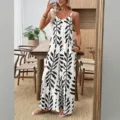 Femme Été Imprimé Feuille Tropicale Col V Bretelles Fines Combi-pantalon Large - S / Blanc