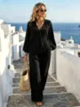 Ensemble chic chemise à manches longues et pantalon ample style resort, mode élégante. - S / Haut Et Bas / Noir