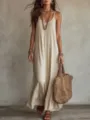 Détail robe longue bohème col V à bretelles, look mode vacances, style beige décontracté. - S / Abricot