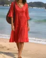 Boho red v-neck tiered midi dress with tassel ties and bell sleeves for women beach holiday. - S / Dresses / Red