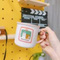 Cute cartoon ceramic coffee mug couple gift white pink aesthetic morning milk cup with handle - 320ml / Pink Bear and Rabbit