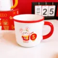Cute ceramic coffee mug featuring a lovely rabbit design, red handle and rim, ideal for kids gift. - 350ml / Little Rabbit Red Lantern