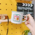 Cute cartoon ceramic mug with rabbit and bear illustration for coffee and breakfast use. - 320ml / Green Bear and Rabbit