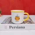 Cute cartoon tiger ceramic mug detail shot, featuring yellow handle and rim, nice gift choice. - Yellow Birthday Hat