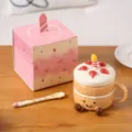 Cute cake ceramic mug with lid, spoon and gift box, sweet strawberry design breakfast cup. - 400ml / Milk Tea