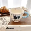 Creative cute ceramic coffee mug with high base and blue bubble handle, lovely rabbit pattern. - 301-400ml / Blue Pearl Rabbit
