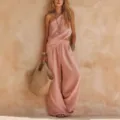 Ensemble deux pièces en lin rose pour femme, haut asymétrique à une épaule et pantalon large. - S / Haut Et Bas / Rose