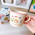 Cute ceramic mug with pink rim and lovely animal print, detail view of breakfast cup. - 400ml / Pink Monkey