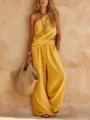 Stylish casual two-piece outfit with one-shoulder top and wide-leg pants for women. - Yellow
