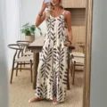 Femme combinaison ample imprimé tropical feuilles bretelles spaghetti col V poches longues - S / Gris