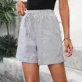 Mujer pantalón corto casual de rayas cintura elástica cordón verano bolsillos ropa - S / Gris Espacial