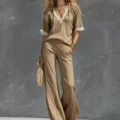 Ensemble deux pièces en coton et lin kaki avec haut en dentelle à col V et pantalon large. - S / Kaki