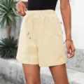 Mujer pantalones cortos casuales a rayas cintura alta elástica cordón verano playa. - S / Amarillo