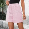 Pantalones cortos casuales de rayas rosas para mujer con cintura elástica y cordón. - S / Rosa
