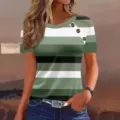 T-shirt femme manches courtes rayé top d'été décontracté avec boutons décoratifs sur l'épaule - S / Vert Militaire