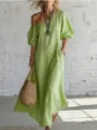 Casual off-shoulder puff sleeve maxi dress for women, stylish green cotton resort long dress. - Green